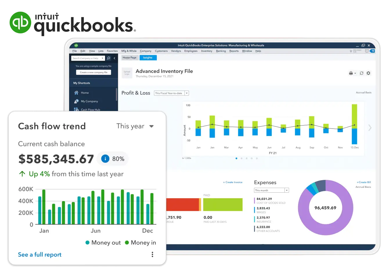 QuickBooks Desktop showing a business dashboard with income, expenses and reports